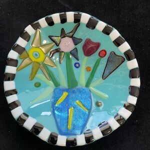 “Three Flowers Bowl”Fused Art Glass Design  Original Handmade Turquoise 9”Bowl
